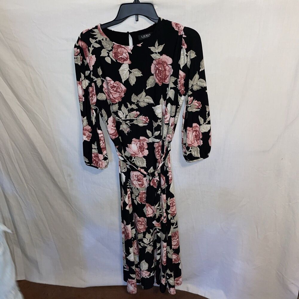 Black Label Lauren Ralph Lauren Women’s Belted Dress Size 12 Black Floral Party